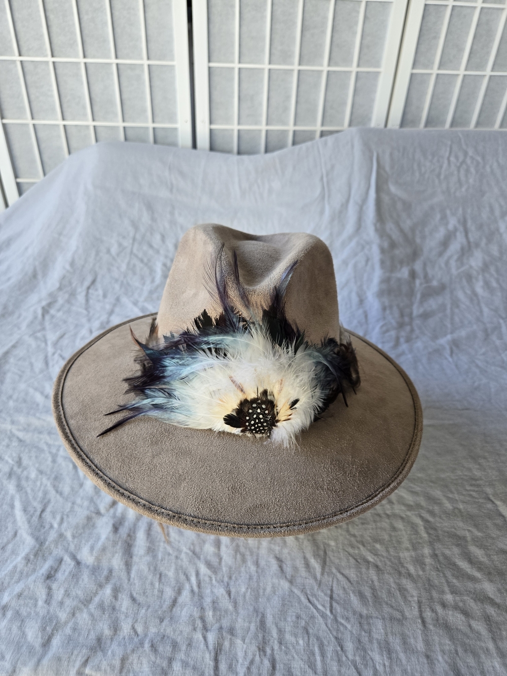 Taxco Taupe Felt Fedora with Multicolor Feather Trim